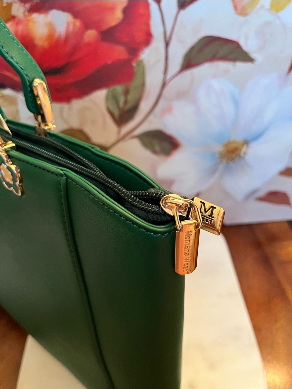 Montana West Emerald Green Tote with Top Handles & Flower Hardware (NWT) - Picture 6 of 12